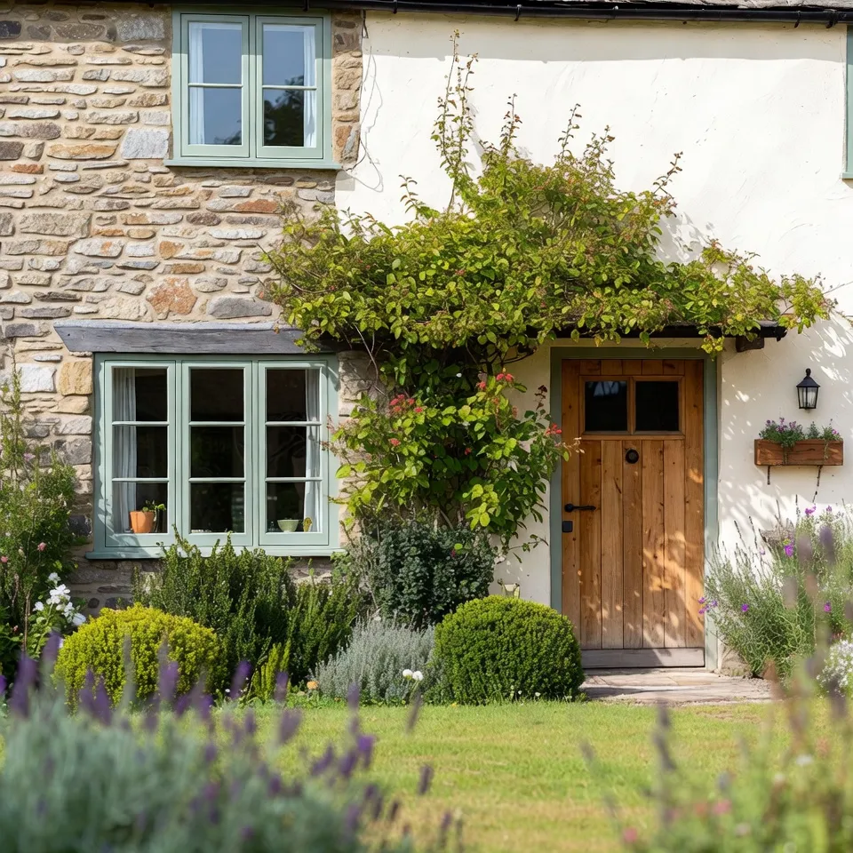 Cottage with sage green windows and wood door.