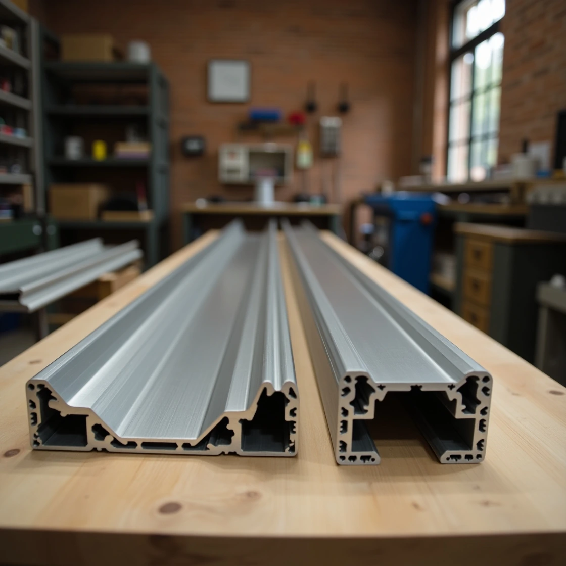 
Two silver aluminium profile extrusions, possibly for window or door frames, resting on a wooden workbench with a workshop background.