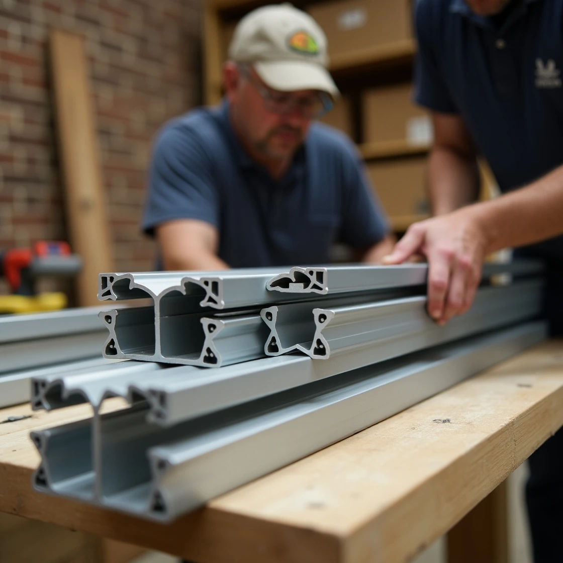 Two workers handling stacked silver aluminium profile extrusions on a wooden workbench in a workshop.