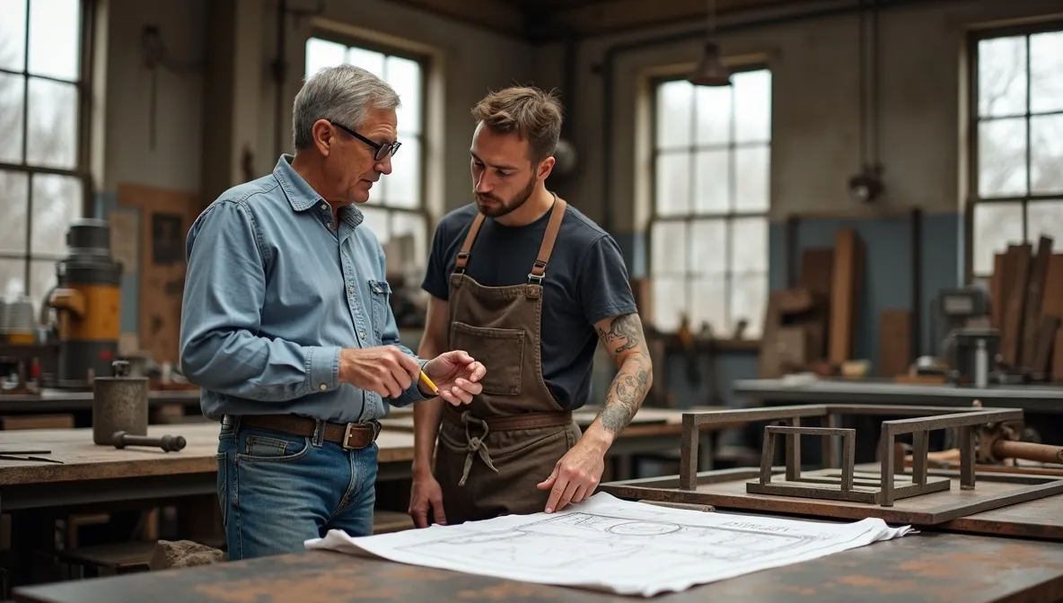 Architect and fabricator discussing metal door frame design in a workshop.