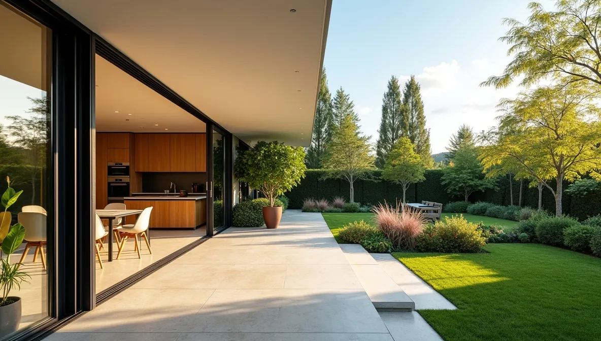 Modern home with wide aluminium concertina doors opening to a sunny garden patio.