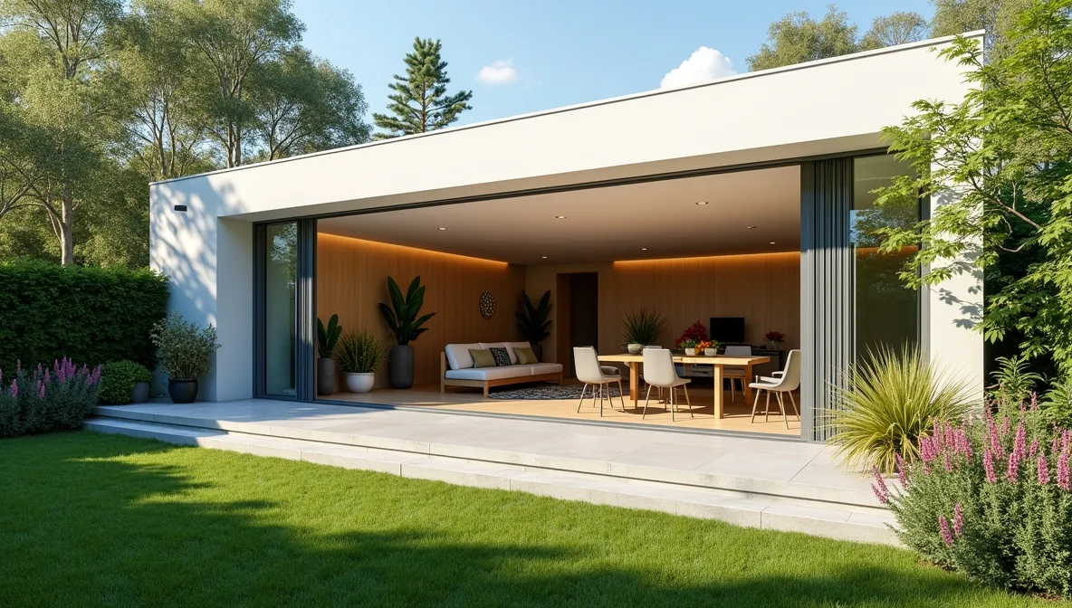 Modern home with wide aluminium concertina doors opening to a sunny garden patio.