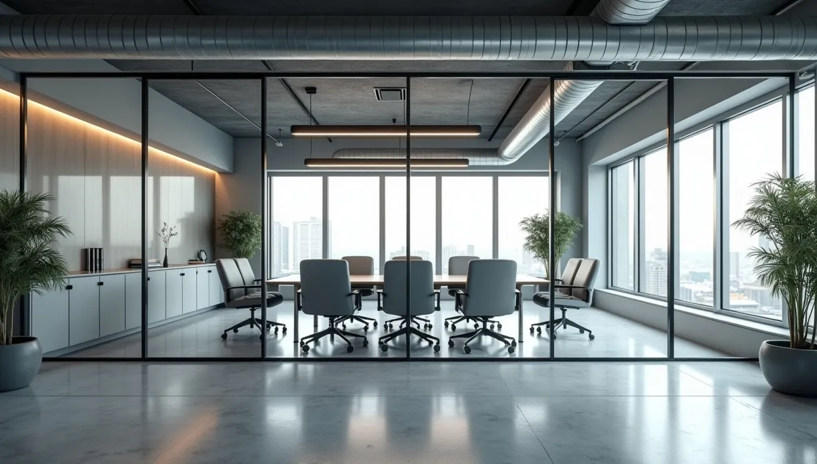 Modern stainless steel concertina doors installed in a stylish office space, showcasing metal fabrication craftsmanship.
