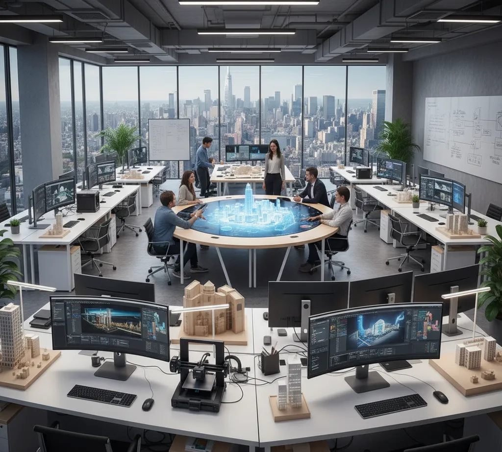 Modern architectural office featuring digital design tools and 3D models.