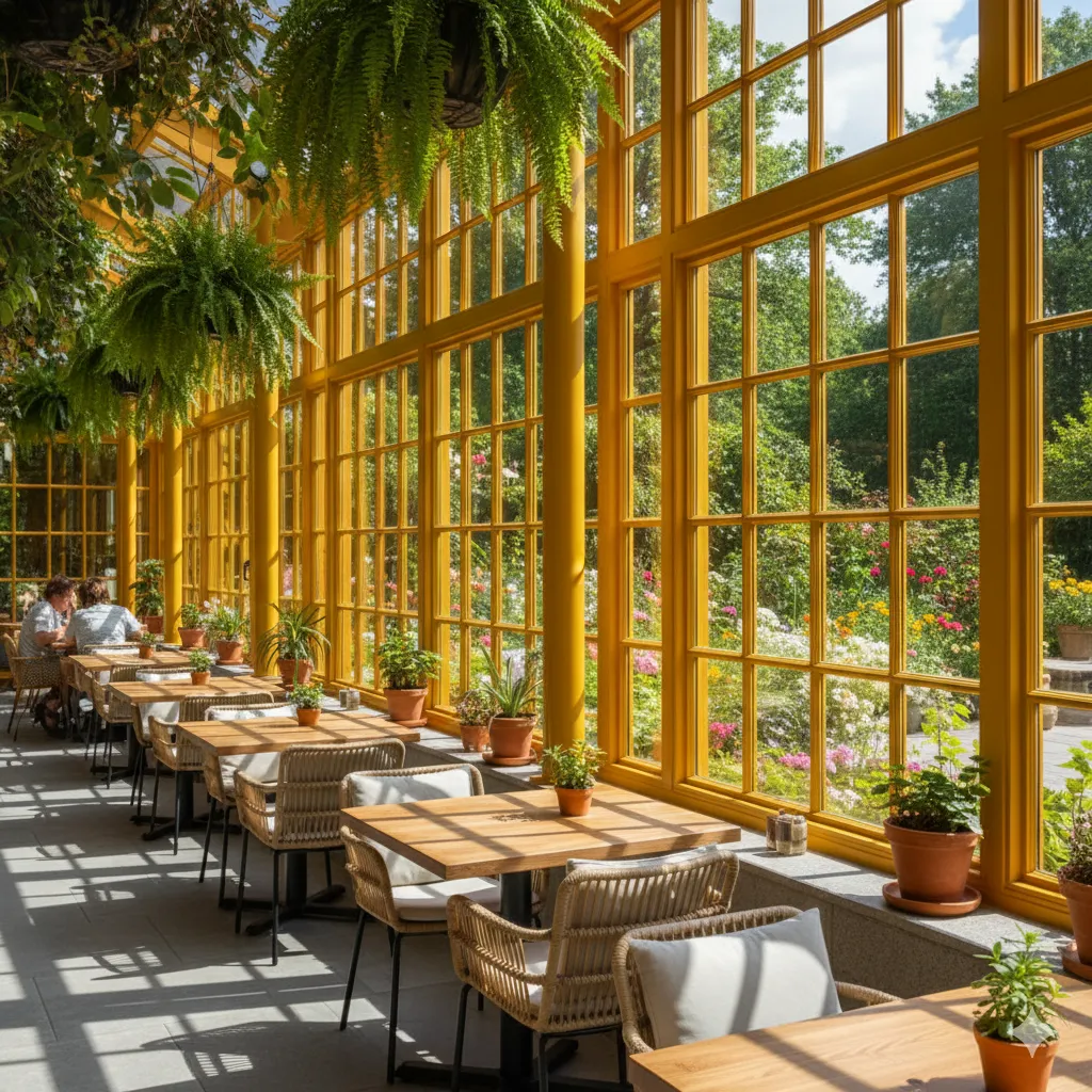 Cafe with bright yellow-framed windows and garden view.