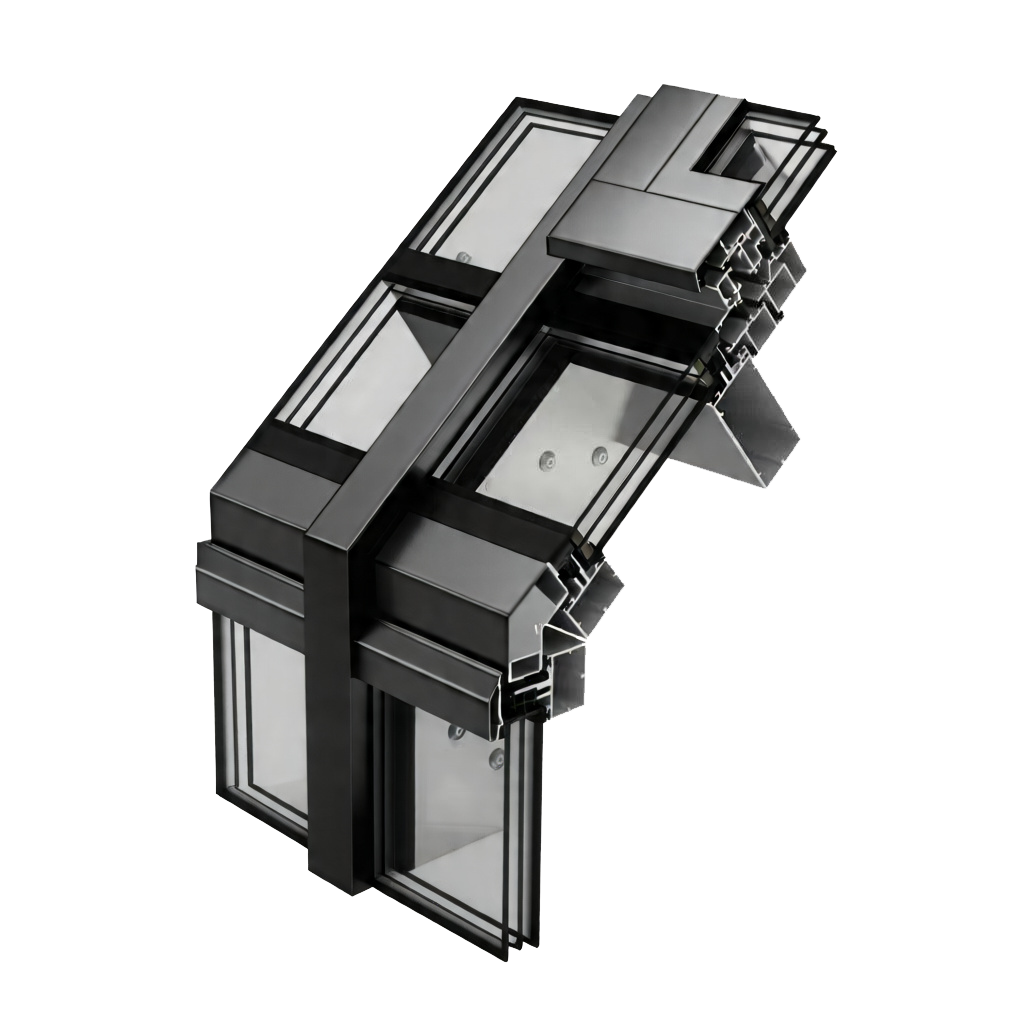 Technical cross-section of an aluminium curtain wall corner joint.