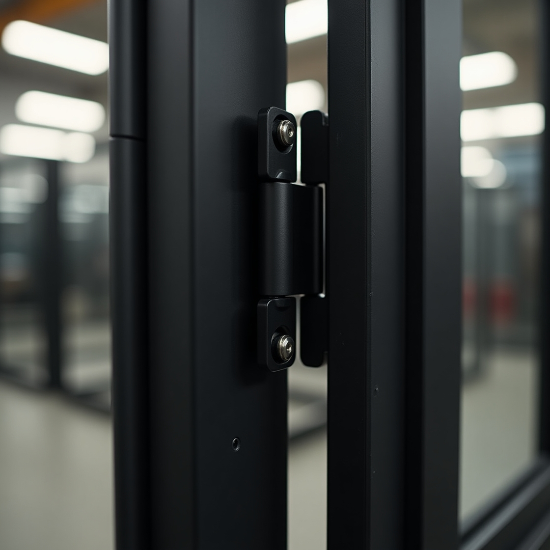 Close-up of a black metal hinge joining two sections of a dark-framed glass partition or door.