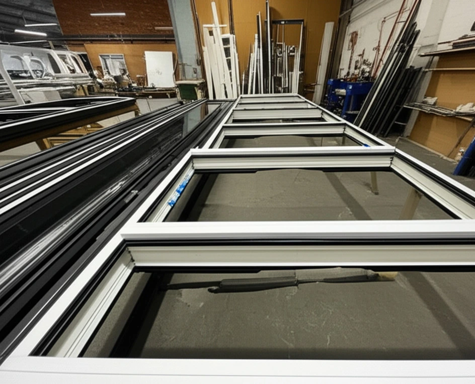Multiple white-framed window or door sashes lying horizontally in a factory, with black profiles stacked alongside.