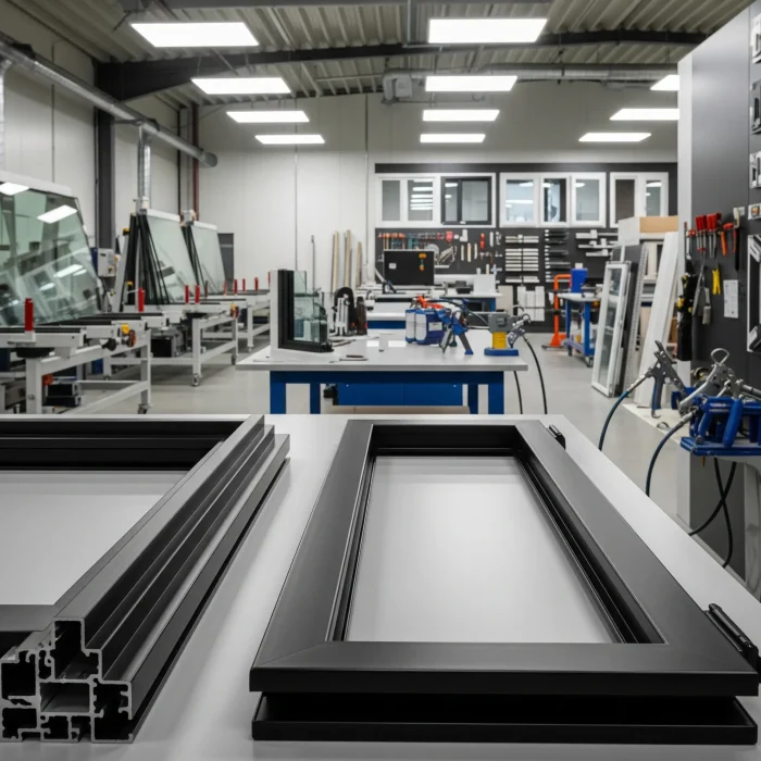 Workshop interior showing black aluminium door frames on a table.