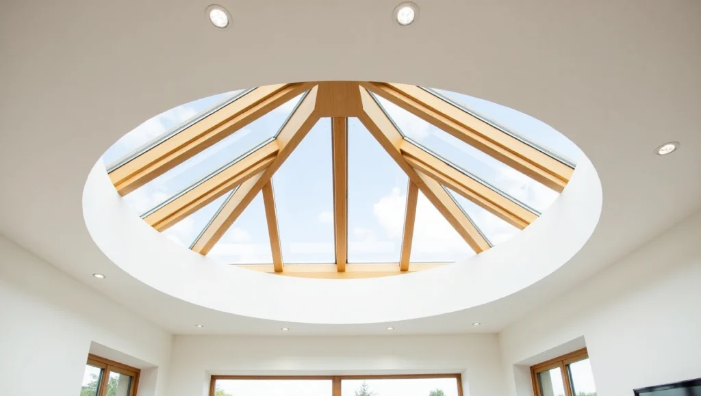  Close-up of a circular roof lantern with natural wood frames.