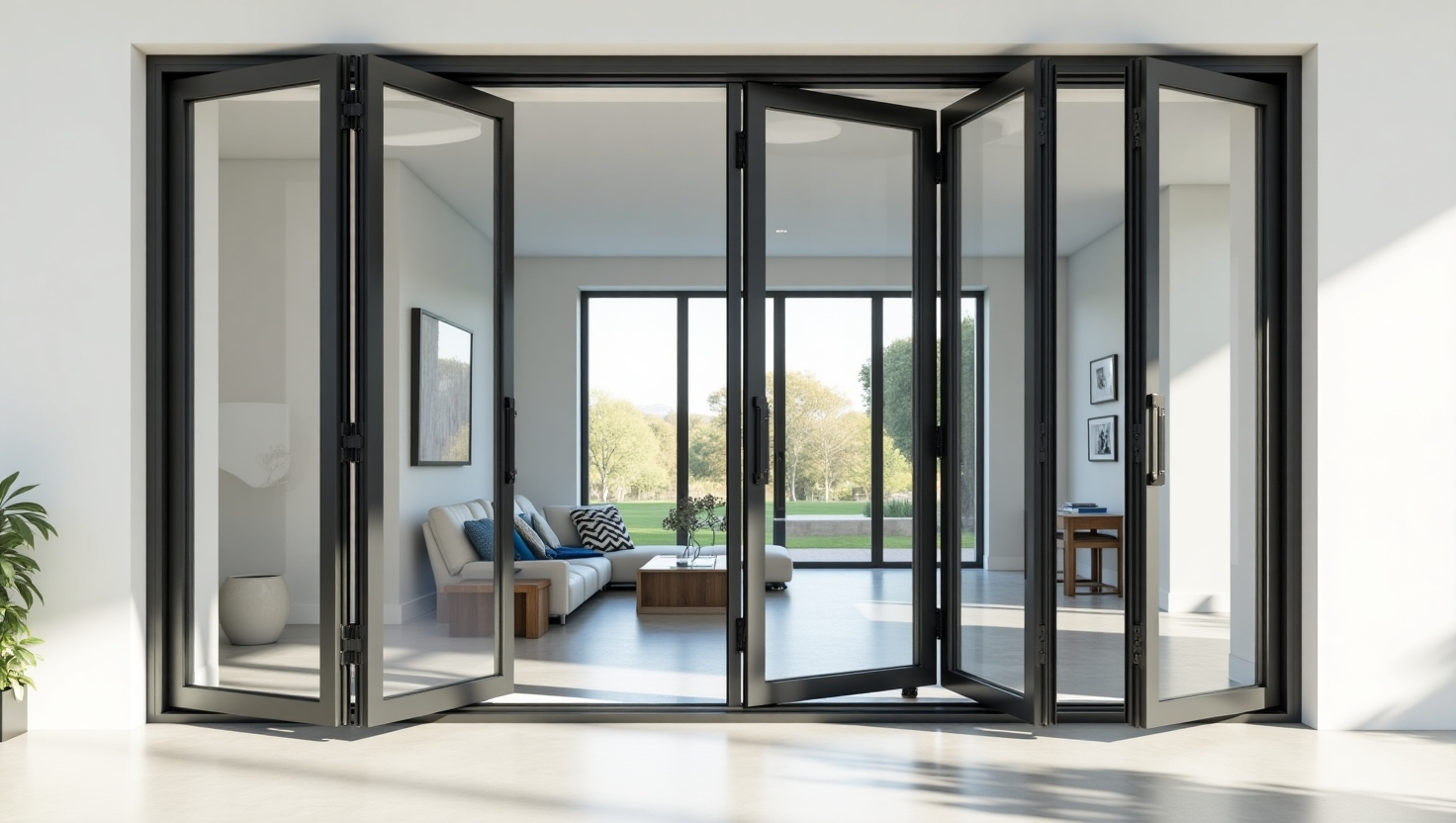 Black-framed bi-fold doors open wide to connect a bright, modern living room interior with an exterior patio area.