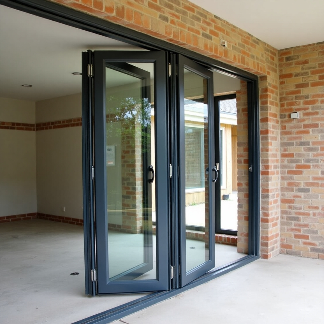 Anthracite grey bi-fold doors, partially open, installed in a brick-clad building opening to an unfinished interior.