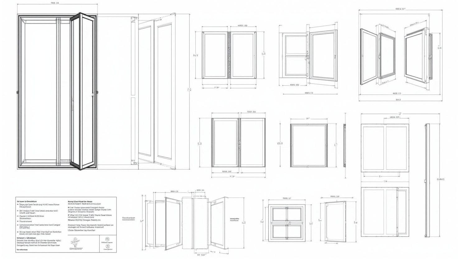 CAD drawings of various window and door configurations with dimensions.