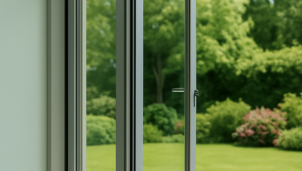 Partially open white-framed glass door leading to a lush green garden with lawn and mature trees.