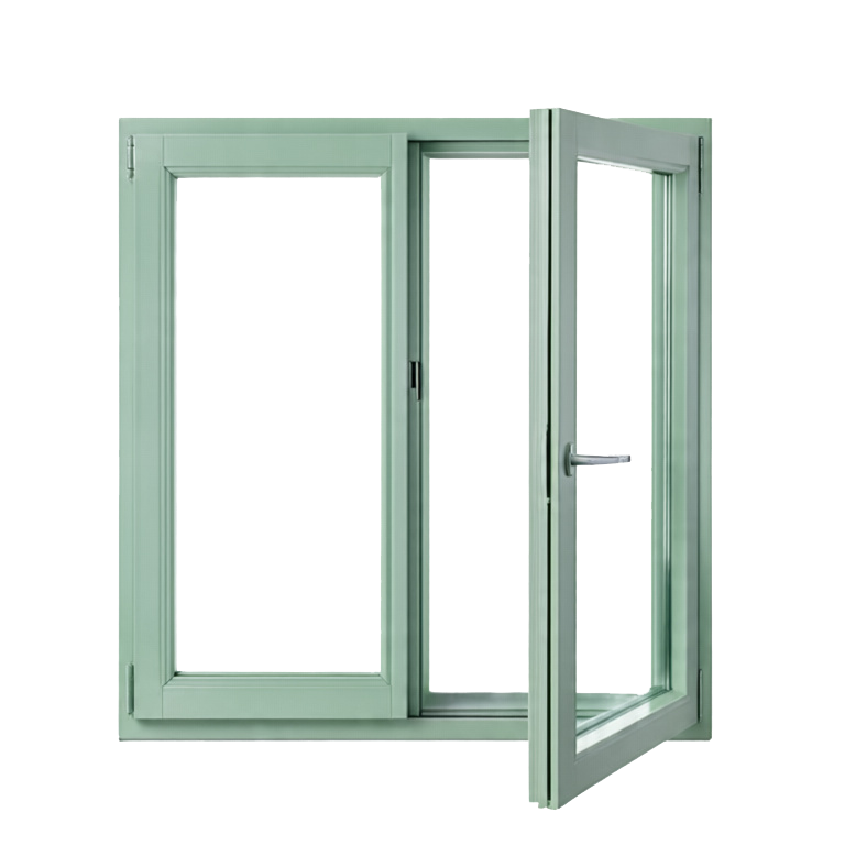 Light green double casement window with one sash open.