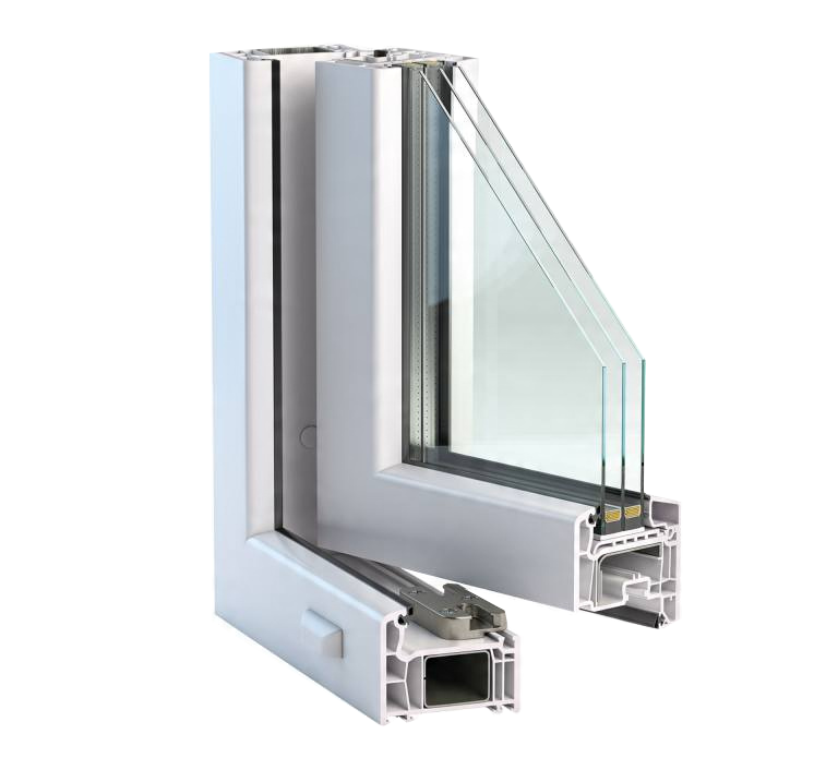 White window profile cross-section with triple glazing.