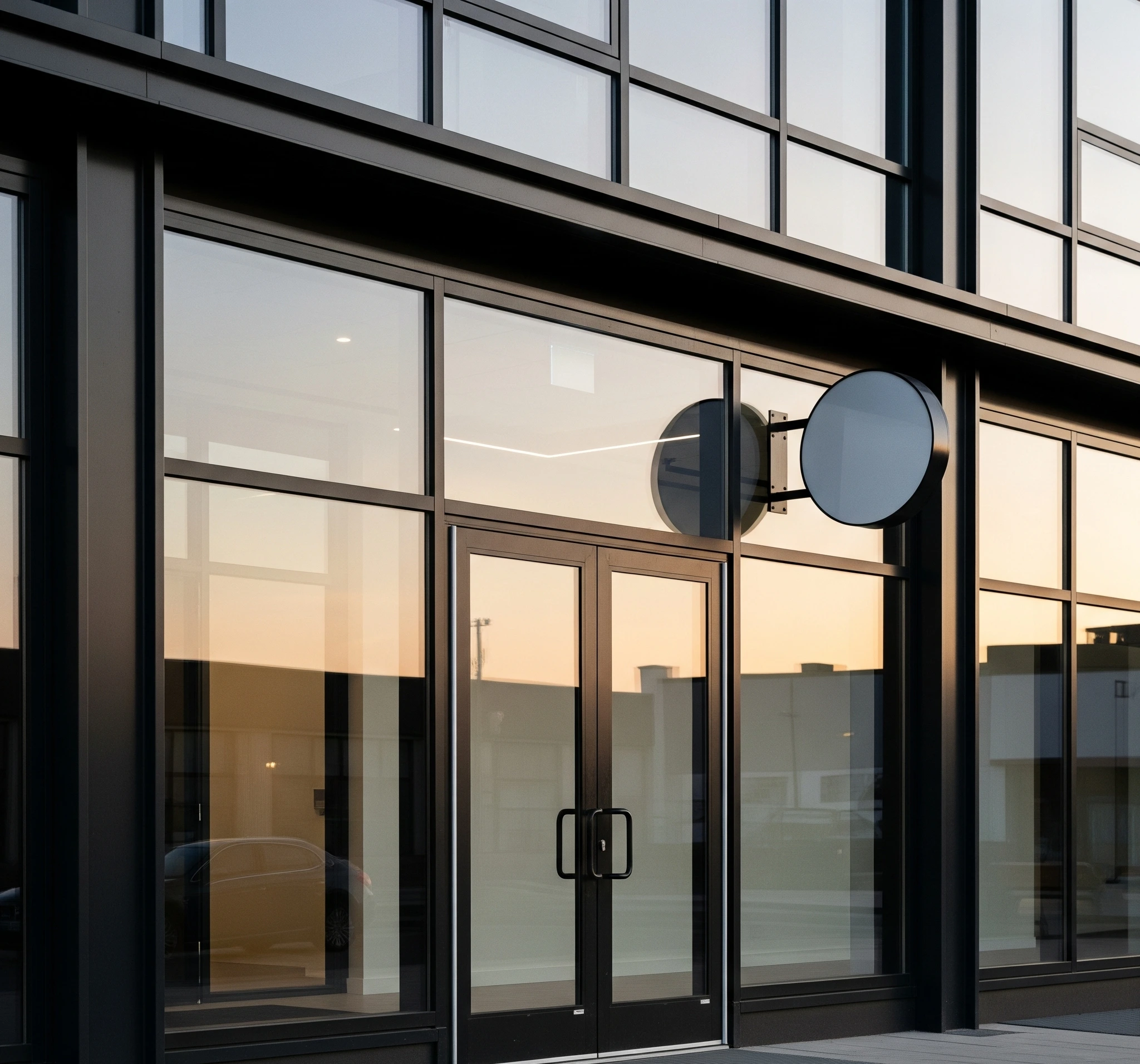 Black-framed storefront with glass double doors and a blank circular sign.