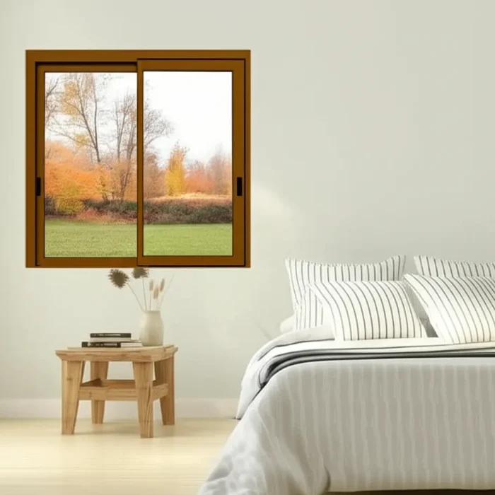 Bedroom window with a brown-framed sliding panel overlooking an autumn landscape.