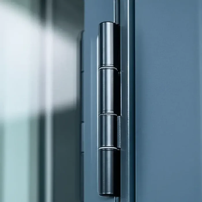  Close-up of a modern, cylindrical stainless steel door hinge mounted on a grey frame.