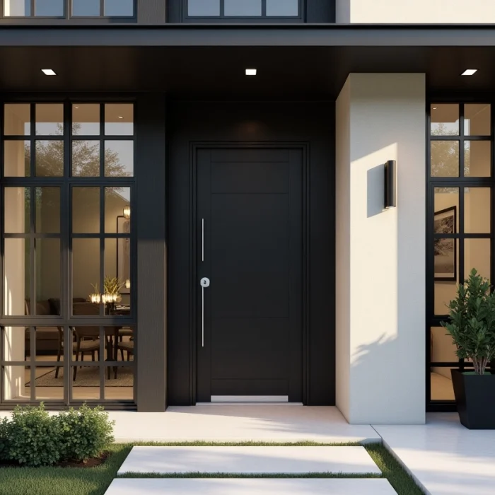 Modern house entrance with a black door and grid-patterned windows.