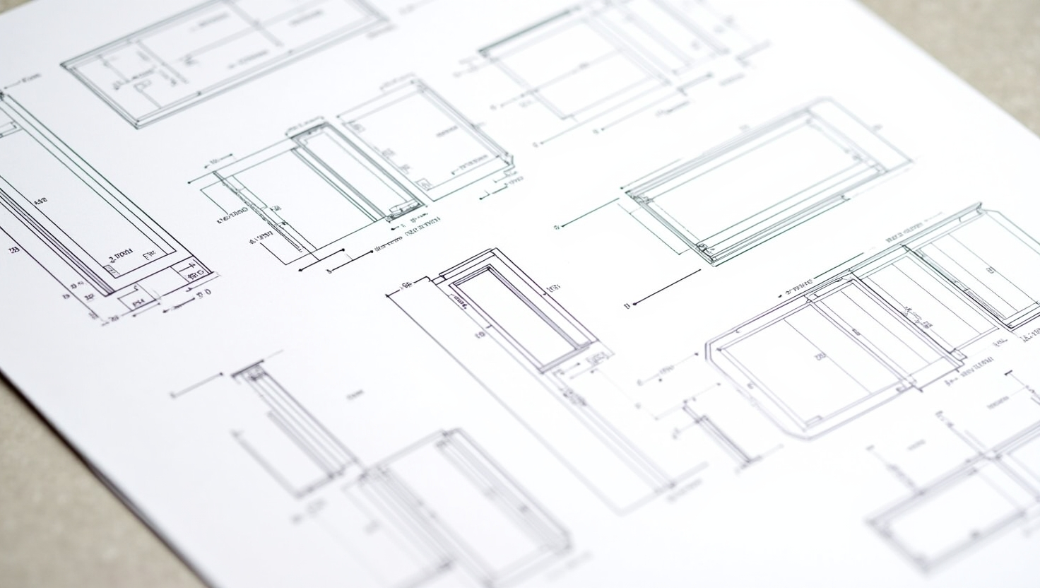 Technical drawing sheet displaying detailed architectural blueprints and dimensions for window or door systems.