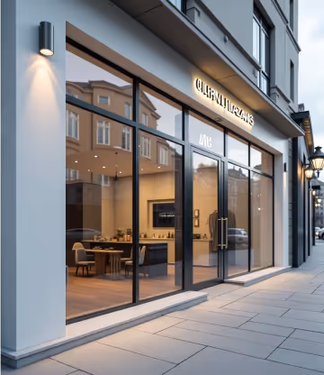Glass storefront with black metal framing and visible interior seating and lighting.