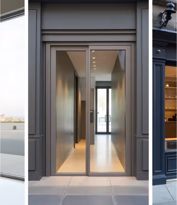  A tall, modern gray door with a large glass panel, leading into a well-lit minimalist hallway with recessed lighting and another door visible in the distance.