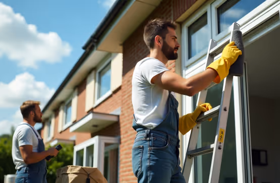 Worker in overalls cleaning a house window on a sunny day.