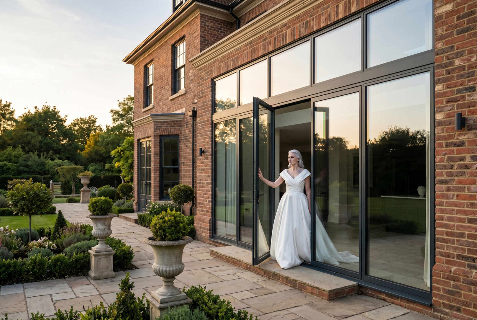 Modern home exterior featuring large premium aluminium windows and sliding doors with a sleek green frame, showcasing a bright interior kitchen and outdoor dining area.