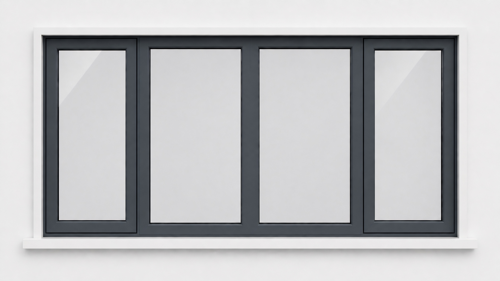 White-framed bay windows with closed curtains, offering a glimpse of a sofa in a residential living room.