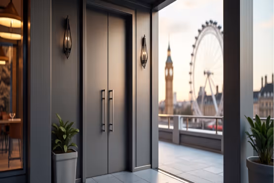  A large, dark brown, double-door entrance with a light-colored handle, featuring two vertical frosted glass panels and a small window above.
