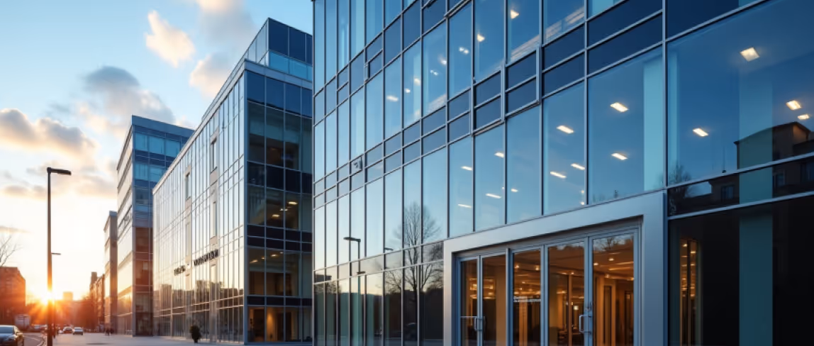 Blue-tinted glass windows on a modern office building facade.