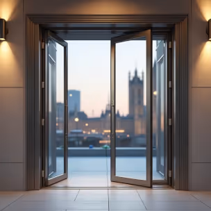  Double glass doors, slightly ajar, open to a balcony overlooking a city skyline with a prominent historic building, likely Big Ben, at dusk.