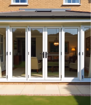  A pair of cream-colored UPVC patio doors with glass panels and chrome handles.