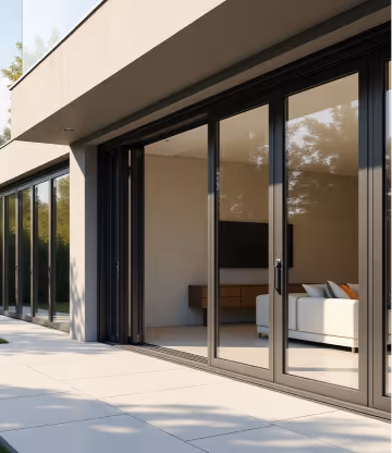 A large, modern, dark-framed sliding glass door with a single pane reflects a bright white wall and the blue sky.