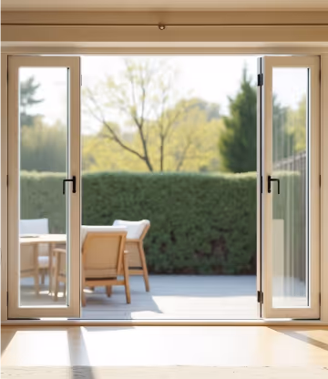  A close-up of dark-framed bifold doors with glass panels, partially open to an outdoor patio with wooden decking.
