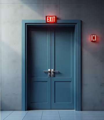  A teal-colored double door with a glowing red "EXIT" sign above it, set in a light grey wall.