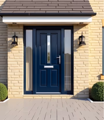A dark blue composite front door with a small window and a stainless steel handle.