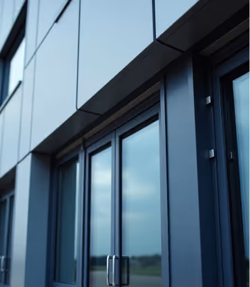 Close-up view of modern black-framed glass doors on a sleek commercial building exterior, reflecting the outdoor landscape.