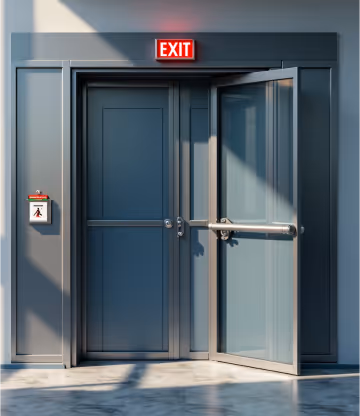  A set of grey emergency double doors, one slightly ajar with a push bar, and a red emergency break glass call point on the wall beside them.