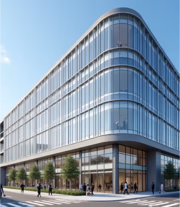  A large, modern building with a curved glass facade and vertical grey panels, seen from a low angle against a blue sky.