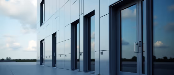 a modern building with a facade of reflective panels and dark-framed windows or doors.
