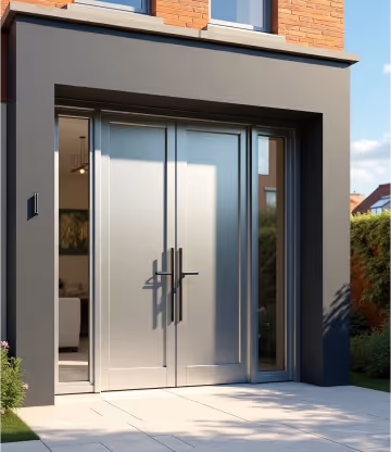 A close-up of a modern aluminum residential door with a dark frame and clear glass panels.