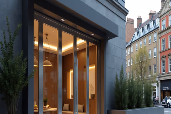 A close-up of a modern house entrance with a large, dark-framed sliding glass door revealing a bright interior.