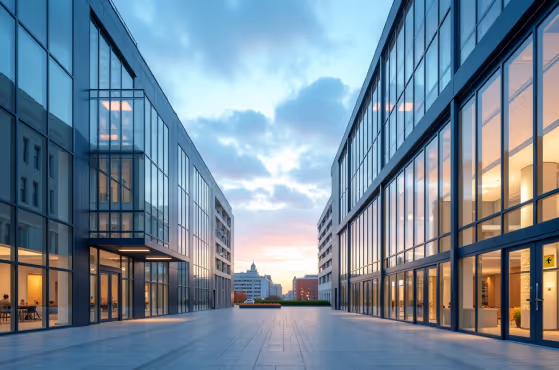  A twilight view between two tall, glass-fronted buildings, with a sunset sky visible in the distance and reflections in the windows.