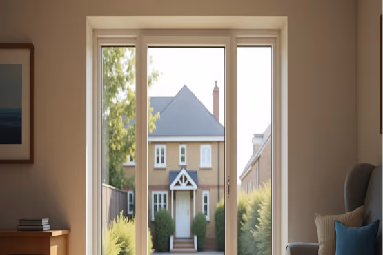  view from inside a room through a set of white-framed patio doors, looking out at a light brown house with a dark roof and a green garden.