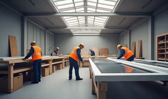  Multiple workers in orange safety vests and yellow hard hats are manufacturing windows in a spacious workshop with large skylights.