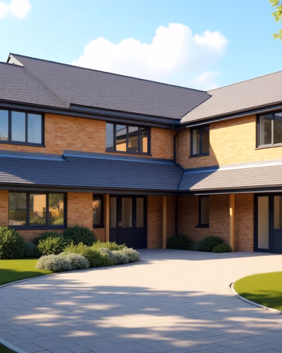 A modern, L-shaped house with light brown brick walls and a dark gray roof features multiple dark-framed windows and doors, surrounded by well-maintained green lawns and shrubs.