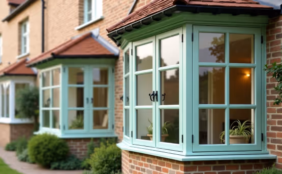 A close-up of two light green bay windows on a brick house, featuring multiple panes and visible interior plants, with green bushes in the foreground.