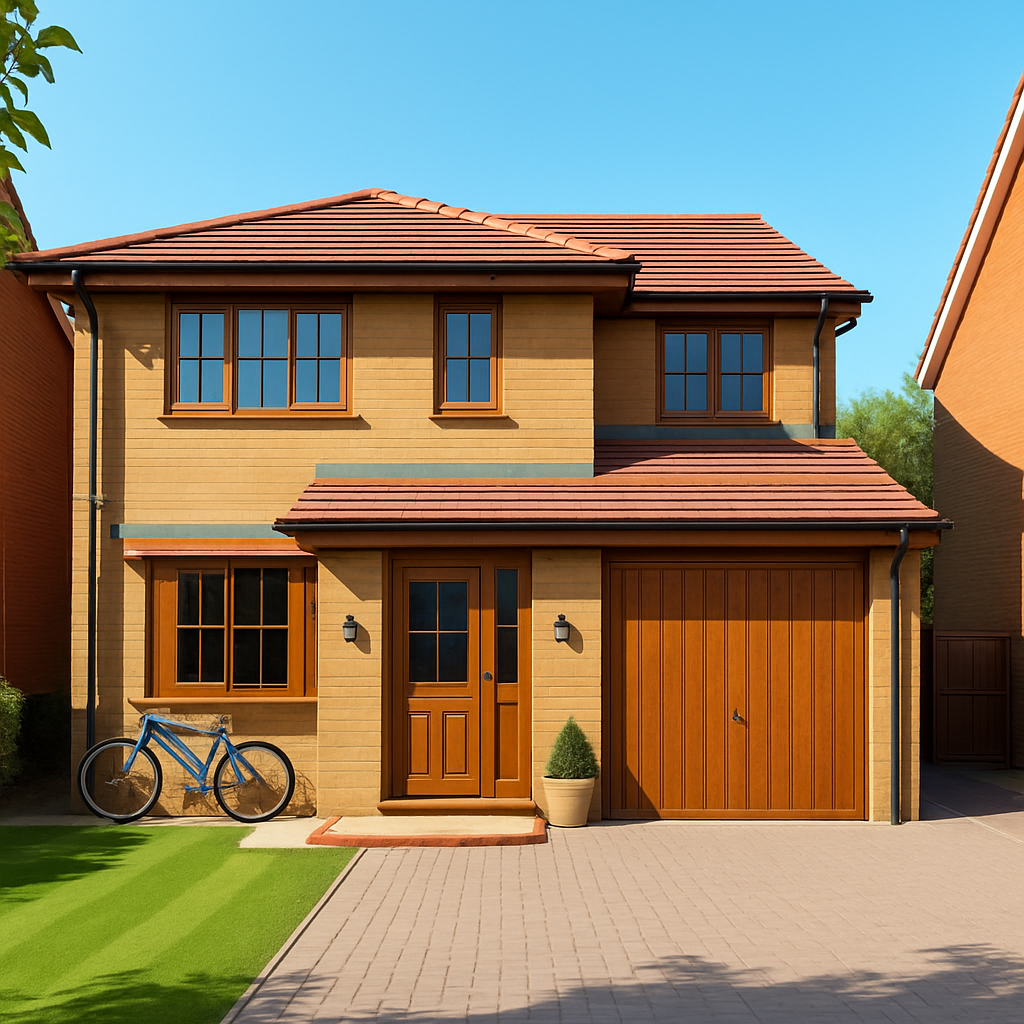 The same two-story house with a oak window frames, oak garage door and a oak front door. 